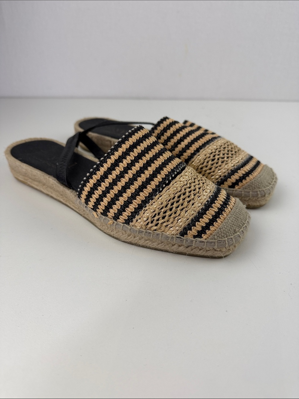 MAYPOL Striped Black & Natural Woven Espadrille Slip-On Sandal Shoes